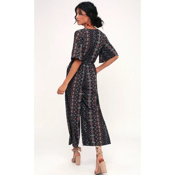 ✨Moon River Boho chic Navy Wide Leg Jumpsuit Women’s Size L Festival Casual - Picture 2 of 8